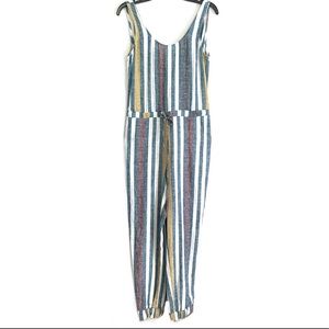NWT Anthropologie Linen Mustard Teal White Stripe Sleeveless Drew Jumpsuit